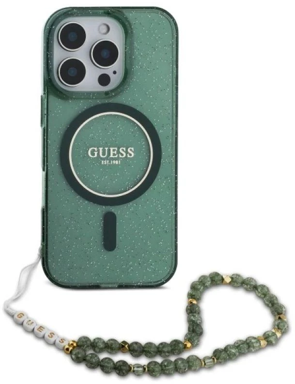 Guess IML Glitter With Pearl Strap MagSafe - dėklas skirtas Apple iPhone 16 Pro Max Žalias