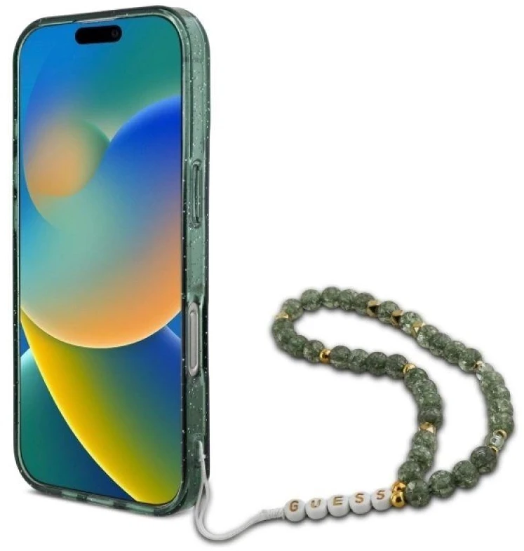 Guess IML Glitter With Pearl Strap MagSafe - dėklas skirtas Apple iPhone 16 Pro Max Žalias