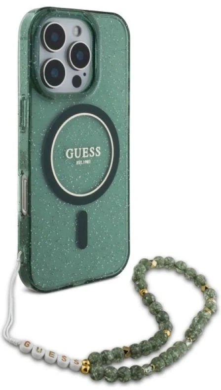 Guess IML Glitter With Pearl Strap MagSafe - dėklas skirtas Apple iPhone 16 Pro Max Žalias