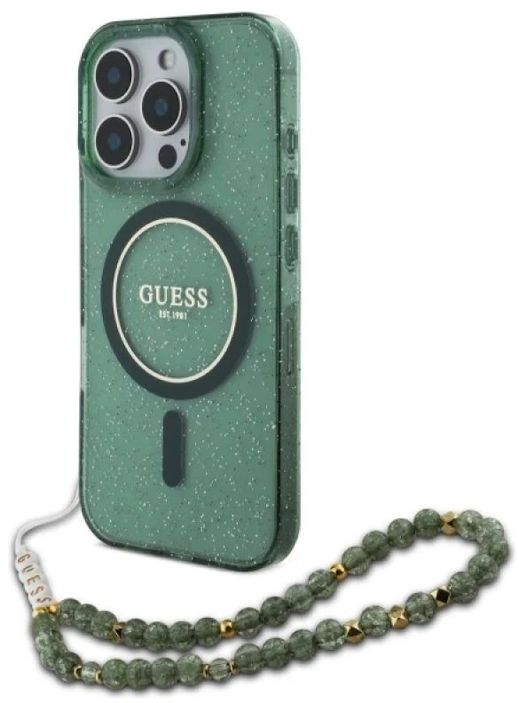 Guess IML Glitter With Pearl Strap MagSafe - dėklas skirtas Apple iPhone 16 Pro Max Žalias