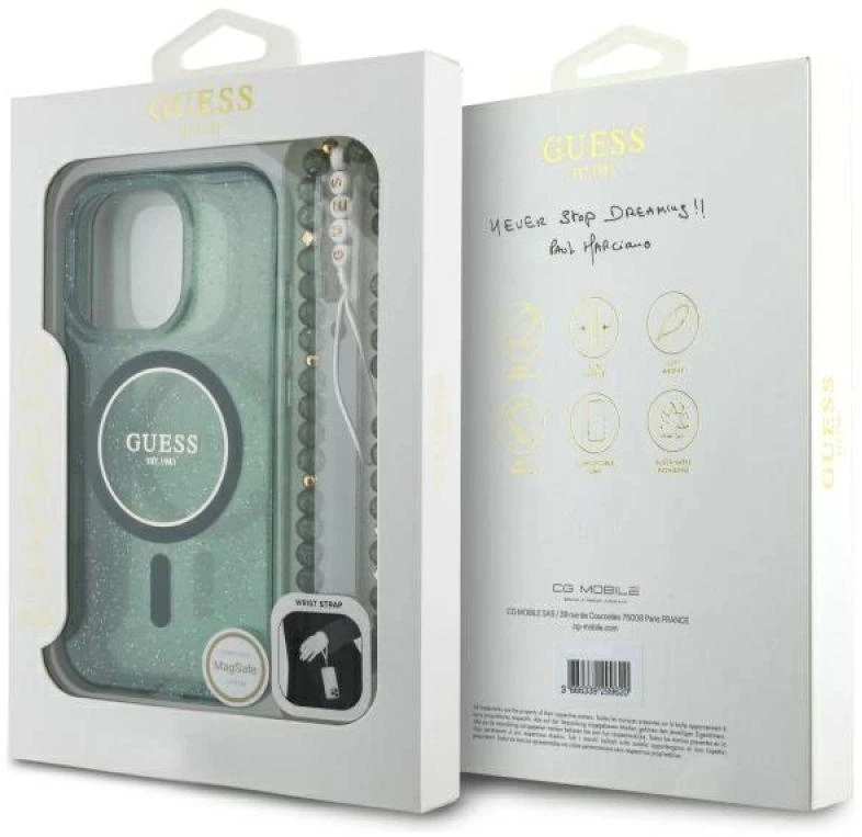 Guess IML Glitter With Pearl Strap MagSafe - dėklas skirtas Apple iPhone 16 Pro Max Žalias