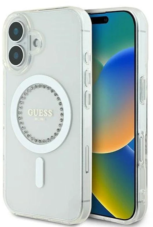 Guess GUHMP16MPFTDTEH Apple iPhone 16 Plus 6.7″ baltos spalvos kietas dėklas IML Rhinestones MagSafe