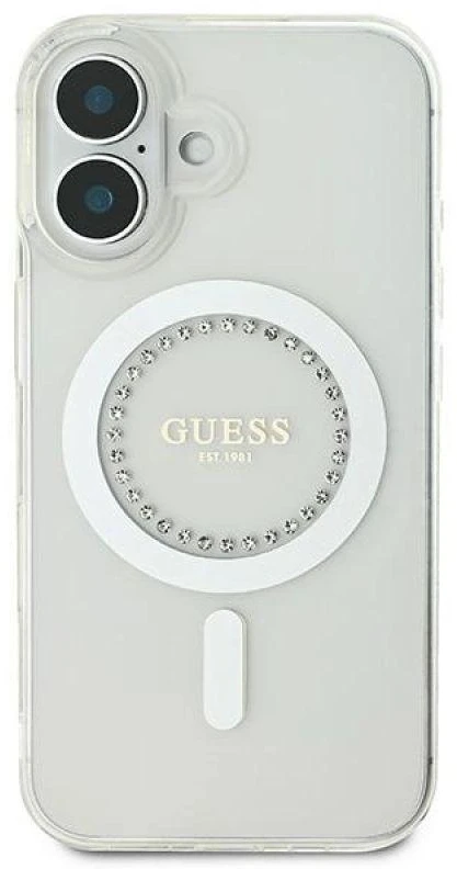 Guess GUHMP16MPFTDTEH Apple iPhone 16 Plus 6.7″ baltos spalvos kietas dėklas IML Rhinestones MagSafe