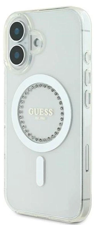Guess GUHMP16MPFTDTEH Apple iPhone 16 Plus 6.7″ baltos spalvos kietas dėklas IML Rhinestones MagSafe