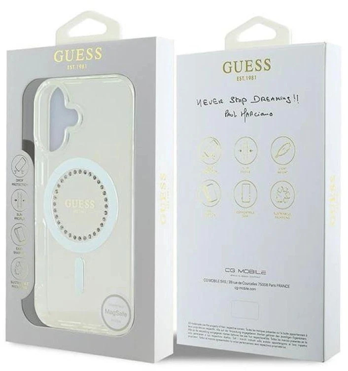 Guess GUHMP16MPFTDTEH Apple iPhone 16 Plus 6.7″ baltos spalvos kietas dėklas IML Rhinestones MagSafe