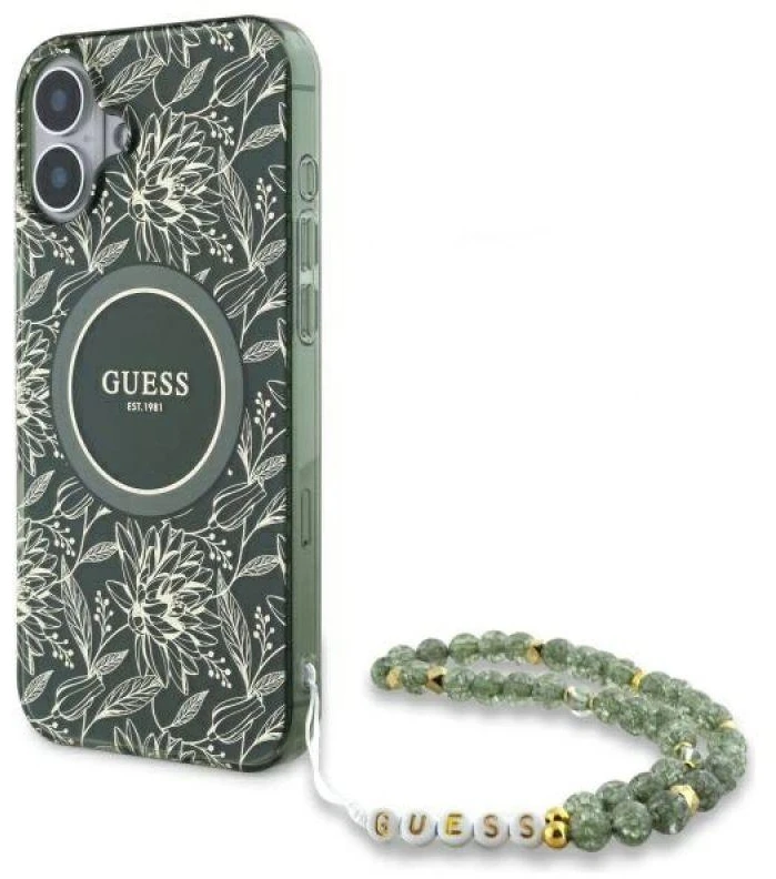 Guess GUHMP16SHCPOFPA Apple iPhone 16 6.1″ žalias kietas dėklas IML Flowers Allover Electro With Pearl St