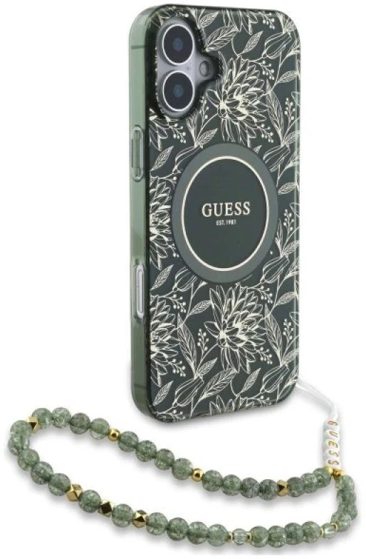 Guess GUHMP16SHCPOFPA Apple iPhone 16 6.1″ žalias kietas dėklas IML Flowers Allover Electro With Pearl St
