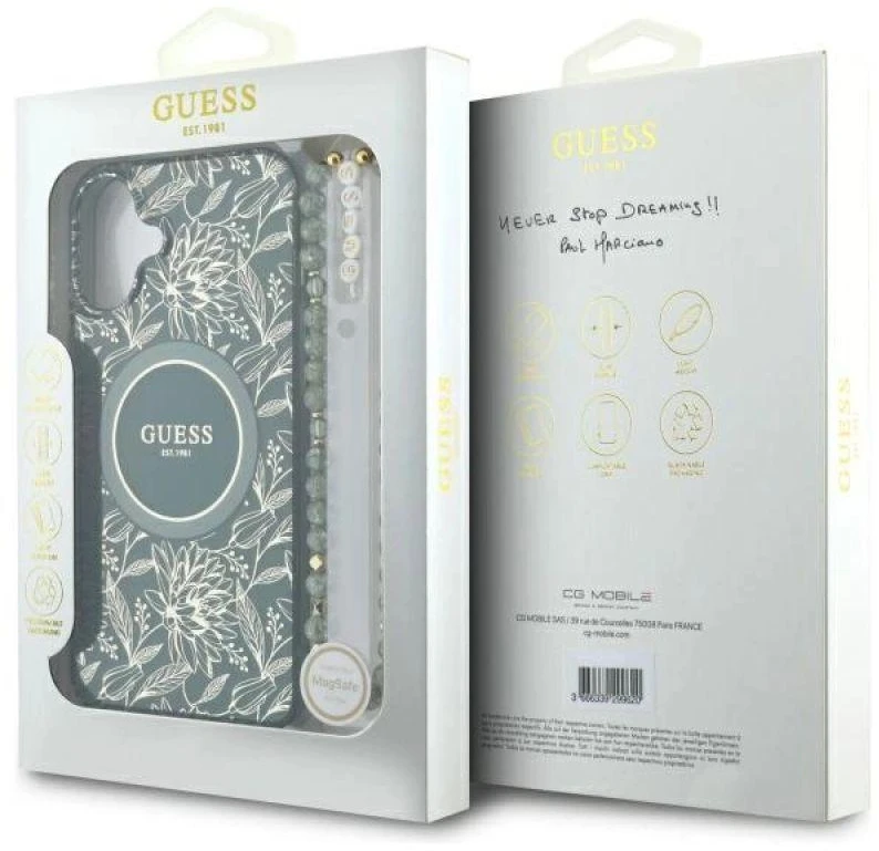 Guess GUHMP16SHCPOFPA Apple iPhone 16 6.1″ žalias kietas dėklas IML Flowers Allover Electro With Pearl St