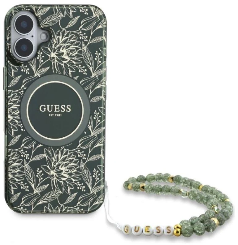 Guess GUHMP16SHCPOFPA Apple iPhone 16 6.1″ žalias kietas dėklas IML Flowers Allover Electro With Pearl St