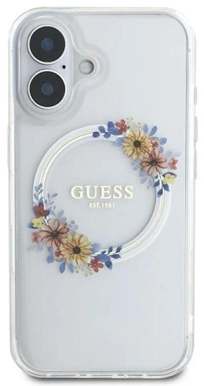 Guess GUHMP16MHFWFCT Apple iPhone 16 Plus 6.7″ skaidrus kietas dėklas IML Flowers Wreath MagSaf
