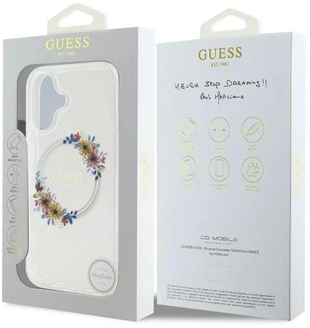 Guess GUHMP16MHFWFCT Apple iPhone 16 Plus 6.7″ skaidrus kietas dėklas IML Flowers Wreath MagSaf