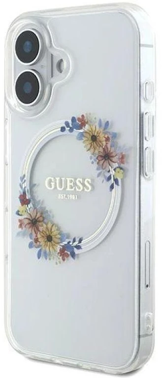 Guess GUHMP16MHFWFCT Apple iPhone 16 Plus 6.7″ skaidrus kietas dėklas IML Flowers Wreath MagSaf