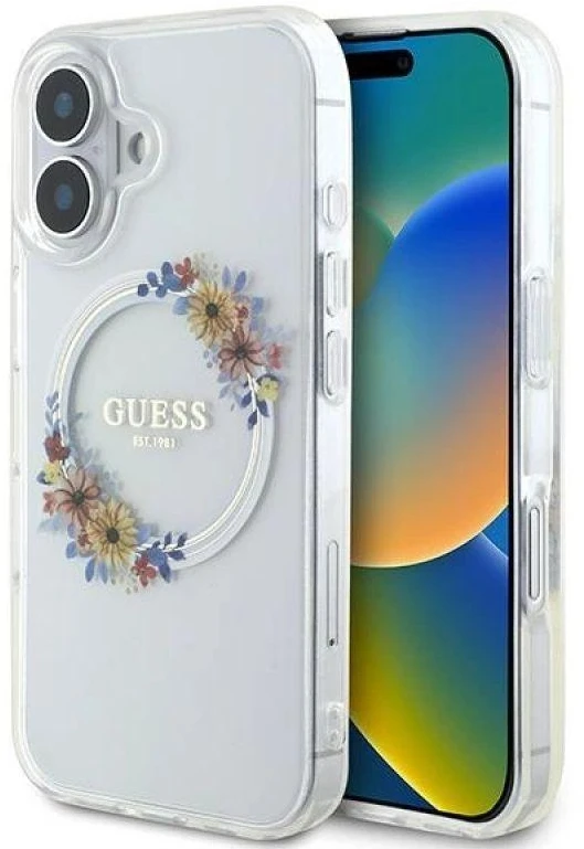 Guess GUHMP16MHFWFCT Apple iPhone 16 Plus 6.7″ skaidrus kietas dėklas IML Flowers Wreath MagSaf