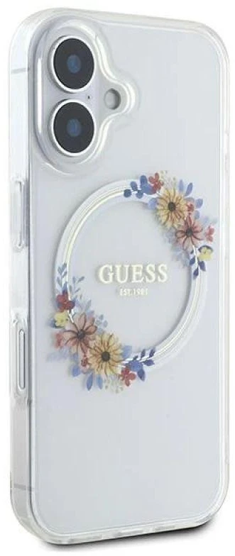 Guess GUHMP16MHFWFCT Apple iPhone 16 Plus 6.7″ skaidrus kietas dėklas IML Flowers Wreath MagSaf
