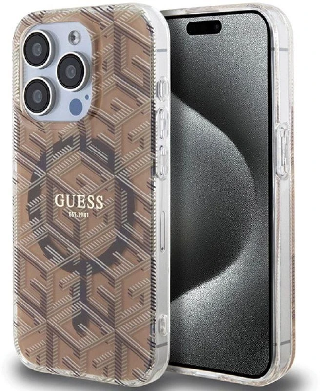 Dėklas GUESS GUHMP15LHGCUSTGW IPHONE 15 PRO 6.1 "RUDAS / RUDAS KIETAS DĖLIS IML GCUBE MAGSAFE