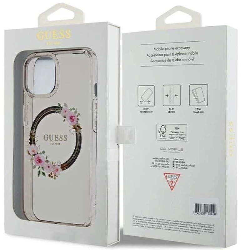 Guess IML Flowers Wreath MagSafe Apple iPhone 15 / 14 / 13 – dėklas telefonui juodos spalvos