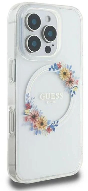 Guess GUHMP16LHFWFCT Apple iPhone 16 Pro 6.3″ transprent kietas dėklas IML Flowers Wreath MagSafe