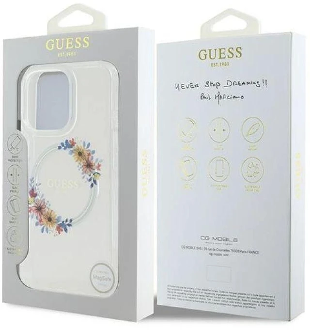 Guess GUHMP16LHFWFCT Apple iPhone 16 Pro 6.3″ transprent kietas dėklas IML Flowers Wreath MagSafe