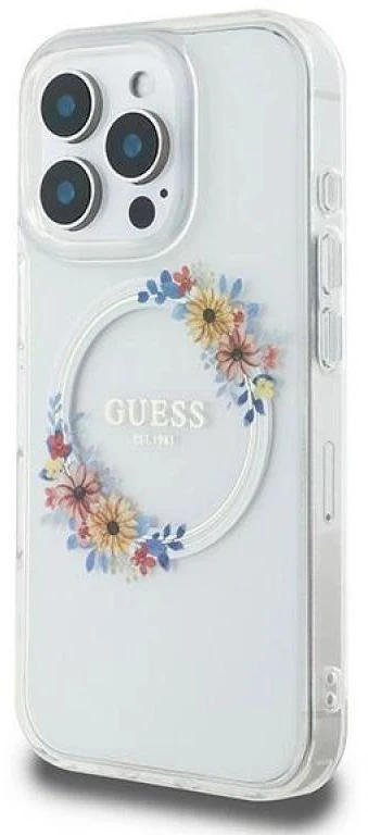 Guess GUHMP16LHFWFCT Apple iPhone 16 Pro 6.3″ transprent kietas dėklas IML Flowers Wreath MagSafe
