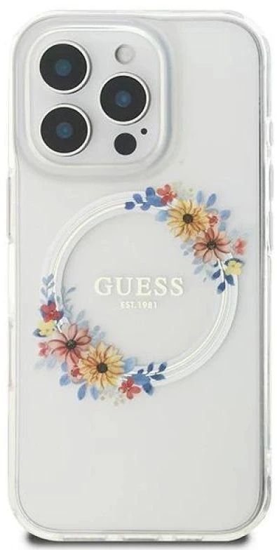 Guess GUHMP16LHFWFCT Apple iPhone 16 Pro 6.3″ transprent kietas dėklas IML Flowers Wreath MagSafe