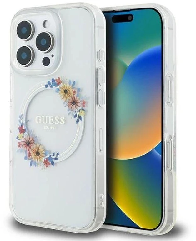 Guess GUHMP16LHFWFCT Apple iPhone 16 Pro 6.3″ transprent kietas dėklas IML Flowers Wreath MagSafe