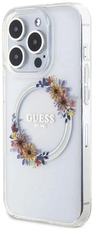 GUESS GUHMP15XHFWFFCT IPHONE 15 PRO MAX 6,7 col. permatomas kietas dėklas IML FLOWERS WREATCH MAGSAFE