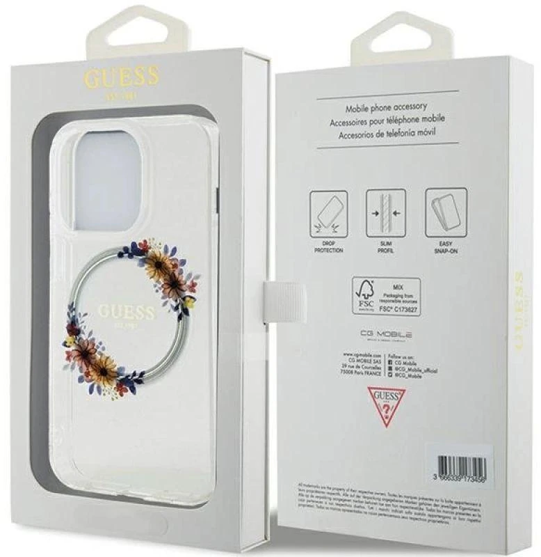 GUESS GUHMP15XHFWFFCT IPHONE 15 PRO MAX 6,7 col. permatomas kietas dėklas IML FLOWERS WREATCH MAGSAFE