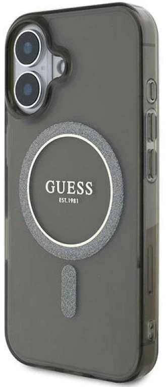 Guess GUHMP16MHFGEREK Apple iPhone 16 Plus 6.7″ juodos spalvos kietas dėklas IML Glitter Circle MagSafe