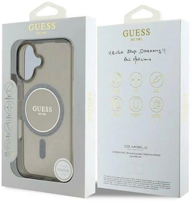 Guess GUHMP16MHFGEREK Apple iPhone 16 Plus 6.7″ juodos spalvos kietas dėklas IML Glitter Circle MagSafe