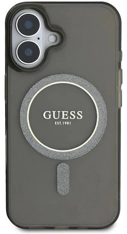 Guess GUHMP16MHFGEREK Apple iPhone 16 Plus 6.7″ juodos spalvos kietas dėklas IML Glitter Circle MagSafe