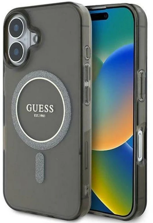 Guess GUHMP16MHFGEREK Apple iPhone 16 Plus 6.7″ juodos spalvos kietas dėklas IML Glitter Circle MagSafe