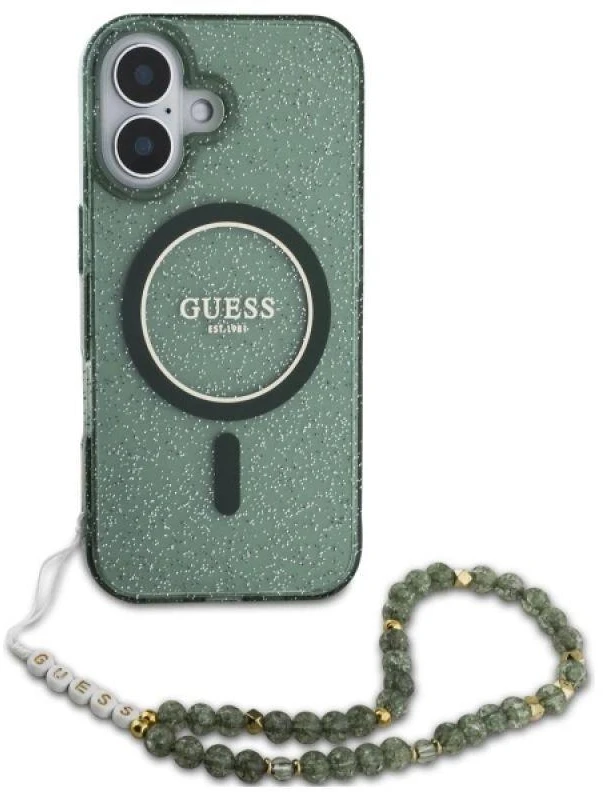 Guess GUHMP16MHGCRELSA Apple iPhone 16 Plus 6.7" žalios spalvos kietas dėklas IML Glitter With Pearl Strap MagSafe