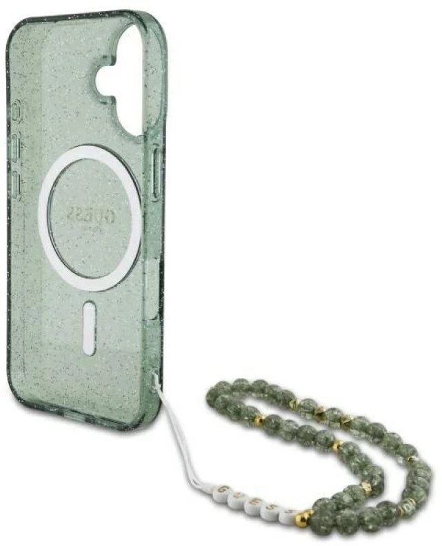 Guess GUHMP16MHGCRELSA Apple iPhone 16 Plus 6.7" žalios spalvos kietas dėklas IML Glitter With Pearl Strap MagSafe
