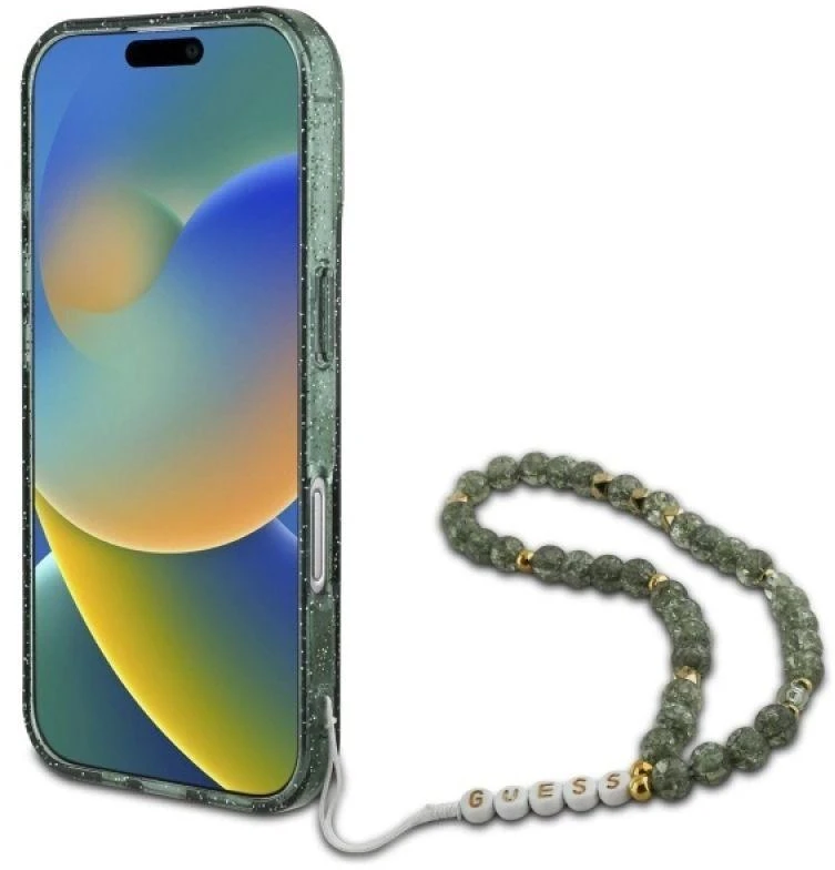 Guess GUHMP16MHGCRELSA Apple iPhone 16 Plus 6.7" žalios spalvos kietas dėklas IML Glitter With Pearl Strap MagSafe