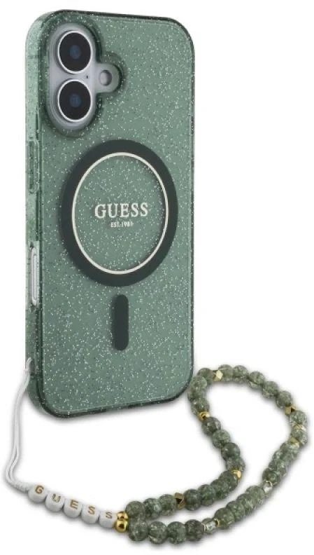 Guess GUHMP16MHGCRELSA Apple iPhone 16 Plus 6.7" žalios spalvos kietas dėklas IML Glitter With Pearl Strap MagSafe