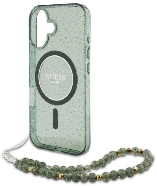 Guess GUHMP16MHGCRELSA Apple iPhone 16 Plus 6.7" žalios spalvos kietas dėklas IML Glitter With Pearl Strap MagSafe