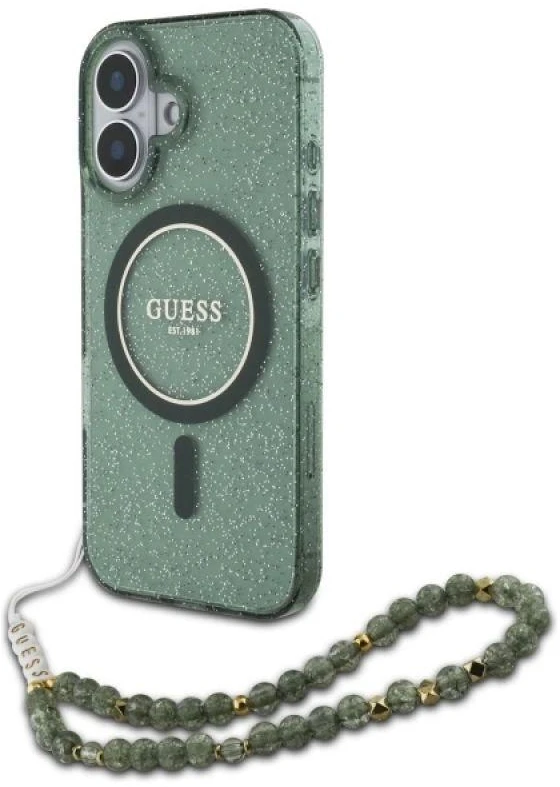 Guess GUHMP16MHGCRELSA Apple iPhone 16 Plus 6.7" žalios spalvos kietas dėklas IML Glitter With Pearl Strap MagSafe