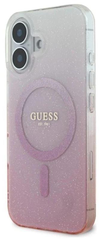 Guess GUHMP16SHGRCELP Apple iPhone 16 6.1″ rožinės spalvos kietas dėklas IML Glitter Gradient MagSafe