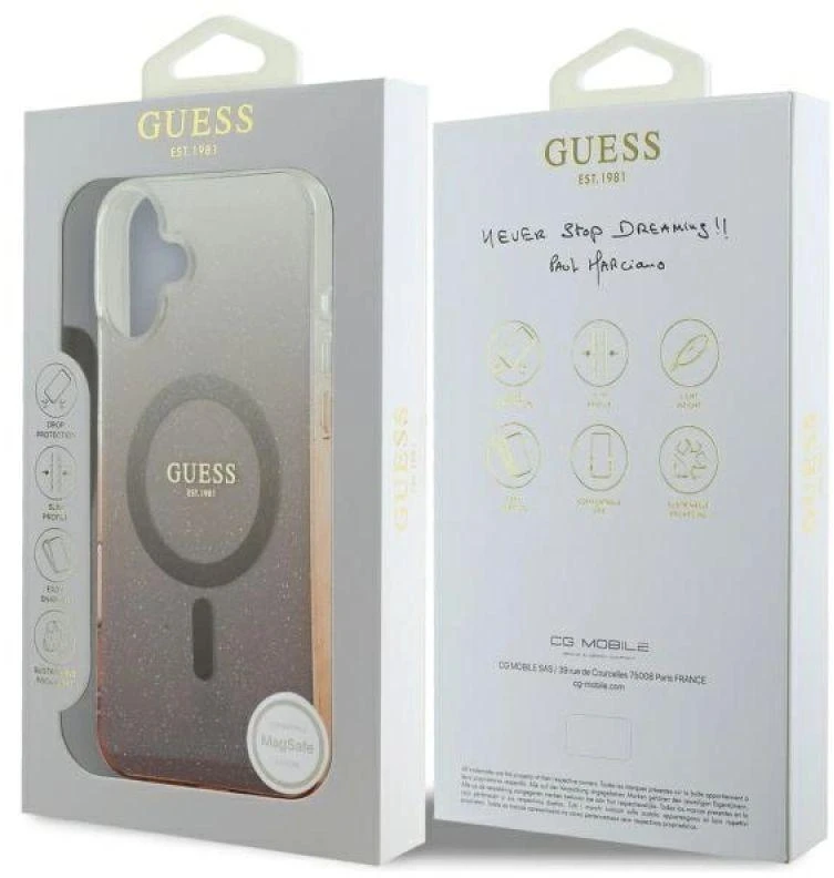 Guess IML Glitter Gradient MagSafe Apple iPhone 16 Case – dėklas telefonui rudos spalvos