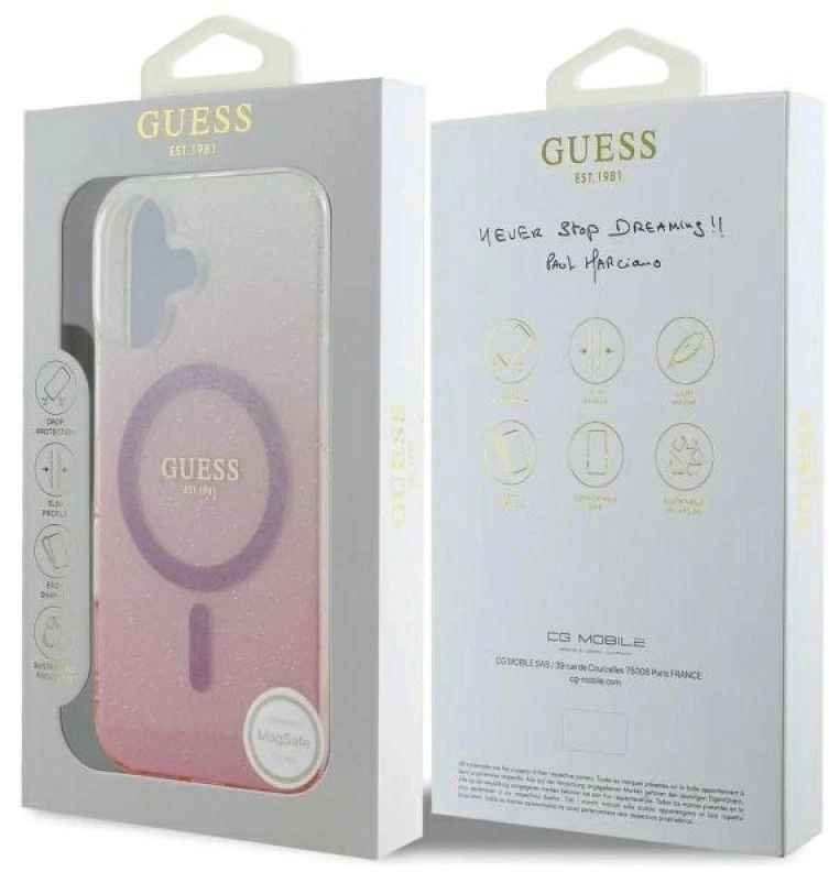 Guess GUHMP16SHGRCELP Apple iPhone 16 6.1″ rožinės spalvos kietas dėklas IML Glitter Gradient MagSafe