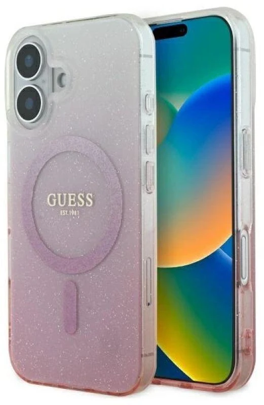 Guess GUHMP16SHGRCELP Apple iPhone 16 6.1″ rožinės spalvos kietas dėklas IML Glitter Gradient MagSafe