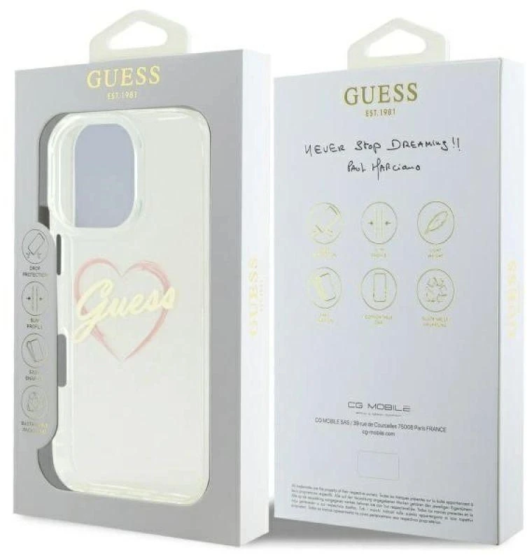 Guess GUHCP16LHCHGSPT Apple iPhone 16 Pro 6.3″ skaidrus kietas dėklas IML Heart