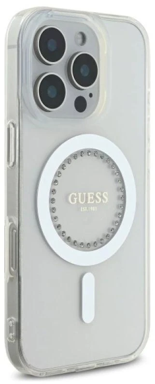 Guess GUHMP16LPFTDTEH Apple iPhone 16 Pro 6.3″ baltos spalvos kietas dėklas IML Rhinestones MagSafe