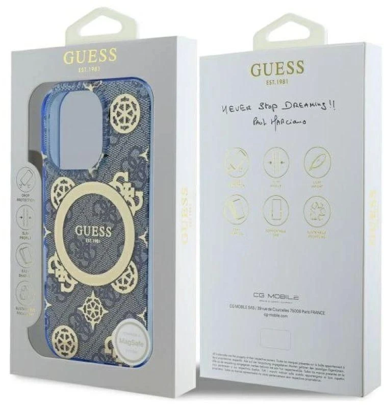 Guess GUHMP16LH4PYEEB Apple iPhone 16 Pro 6.3″ mėlynas kietas dėklas IML Peony On 4G Background MagSafe