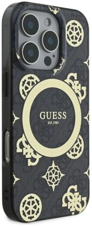 Guess GUHMP16LH4PYEEK Apple iPhone 16 Pro 6.3″ juodos spalvos kietas dėklas IML Peony On 4G Background MagSafe