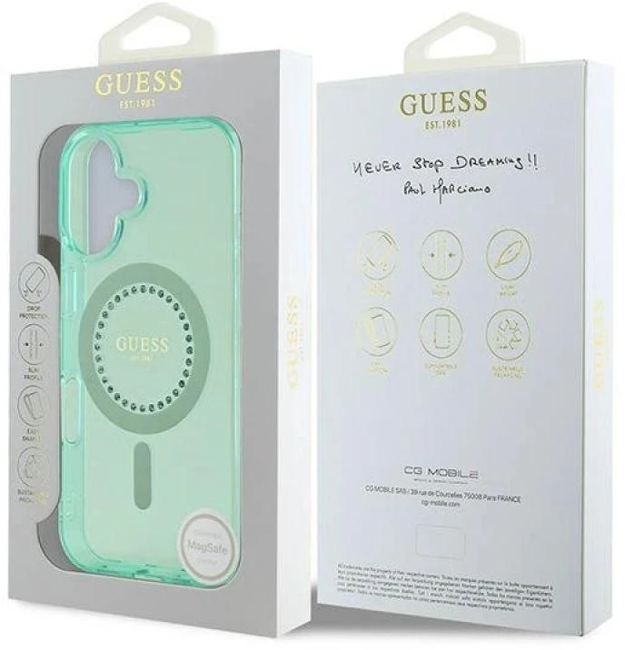 Guess GUHMP16MPFTDTEN Apple iPhone 16 Plus 6.7″ žalias kietas dėklas IML Rhinestones MagSafe