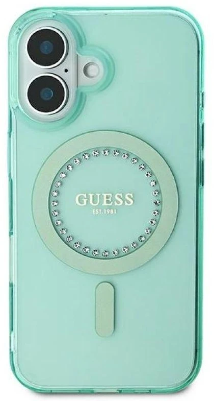 Guess GUHMP16MPFTDTEN Apple iPhone 16 Plus 6.7″ žalias kietas dėklas IML Rhinestones MagSafe
