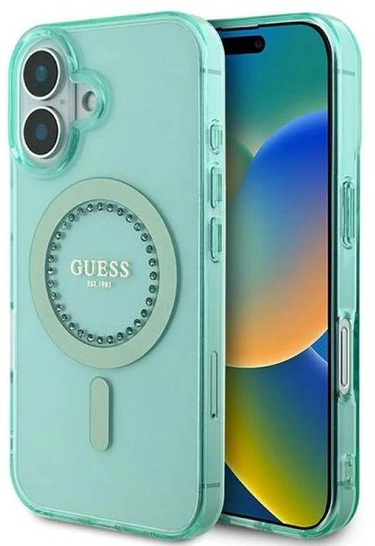Guess GUHMP16MPFTDTEN Apple iPhone 16 Plus 6.7″ žalias kietas dėklas IML Rhinestones MagSafe