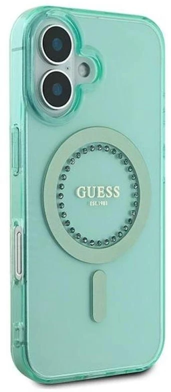 Guess GUHMP16MPFTDTEN Apple iPhone 16 Plus 6.7″ žalias kietas dėklas IML Rhinestones MagSafe