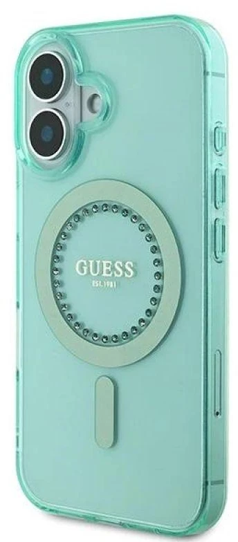 Guess GUHMP16MPFTDTEN Apple iPhone 16 Plus 6.7″ žalias kietas dėklas IML Rhinestones MagSafe
